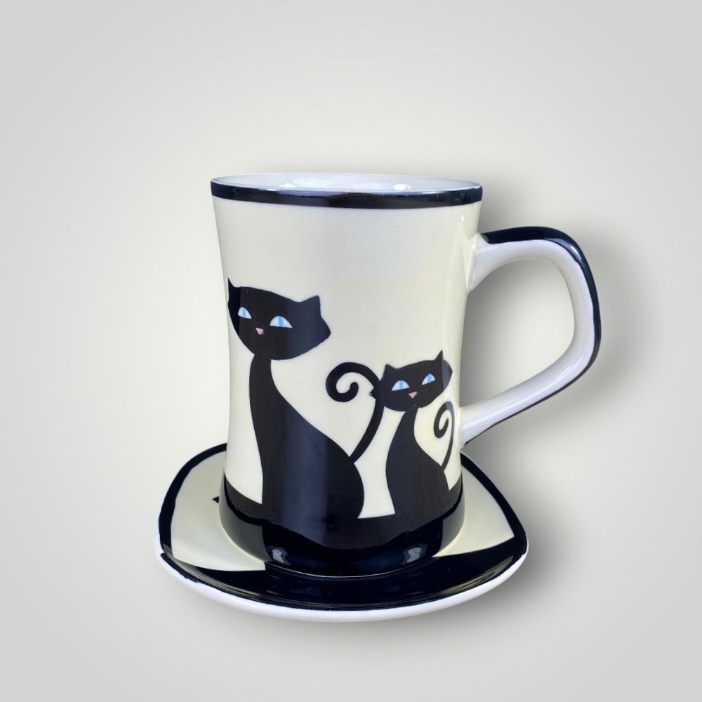 Black Cat Mug Cup Saucer Set Whimsical Cat Lover Y2K 1990s HuesNBrews Halloween